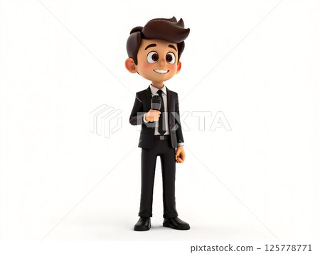 Young animated character in a suit holding a microphone with a bright smile on a plain background 125778771