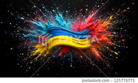 Vibrant splashes of color create a stunning representation of the Ukrainian flag in an artistic explosion of paint 125778773
