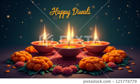 Celebration of Diwali with traditional lamps, marigold flowers, and festive decor in a warm atmosphere at night 125778779