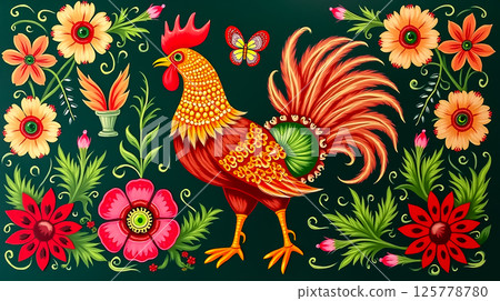 Colorful folk art features a rooster surrounded by flowers and a butterfly against a dark green background Colorful folk art features a rooster surrounded by flowers and a butterfly against a dark green background 125778780