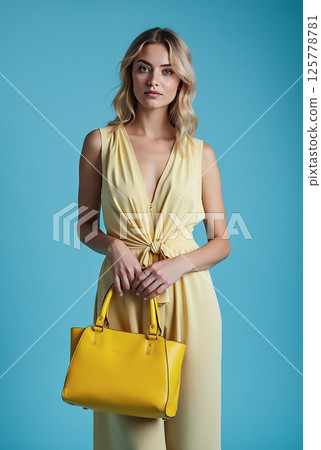 Woman showcasing a bright yellow handbag while wearing a stylish jumpsuit against a vibrant blue background Woman showcasing a bright yellow handbag while wearing a stylish jumpsuit against a vibrant blue background 125778781