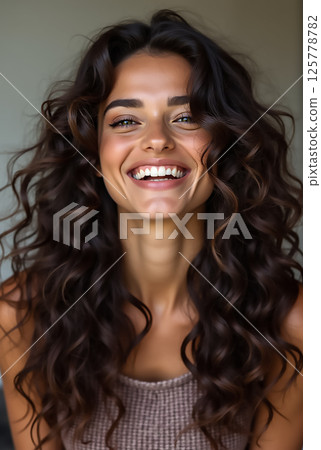Beautiful woman with curly hair smiling warmly indoors during daylight hours Beautiful woman with curly hair smiling warmly indoors during daylight hours 125778782