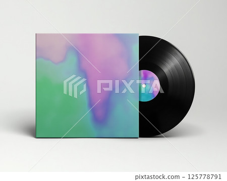 Colorful abstract vinyl record and cover displayed on a neutral background showcasing music art design Colorful abstract vinyl record and cover displayed on a neutral background showcasing music art design 125778791