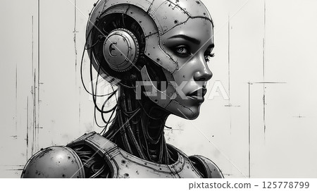 Futuristic robot woman with intricate details showcasing advanced technology and emotional expression in a minimalistic environment 125778799