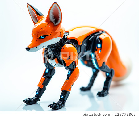 Robotic fox figure showcasing advanced design and vibrant colors against a white background Robotic fox figure showcasing advanced design and vibrant colors against a white background 125778803