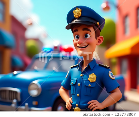 Friendly cartoon police officer stands confidently in front of a vintage police car in a colorful town setting 125778807