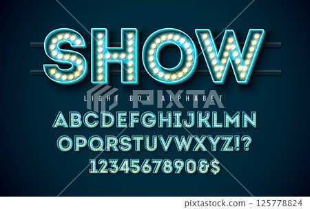 Light Bulb Alphabet with Blue Frame Box and Shadow on Dark Night Blue Background. Glowing Retro Vector Font Collection with Shiny Bright Lights. ABC and Number Design for Casino, Night Club or Cinema Light Bulb Alphabet with Blue Frame Box and Shadow on Dark Night Blue Background. Glowing Retro Vector Font Collection with Shiny Bright Lights. ABC and Number Design for Casino, Night Club or Cinema 125778824