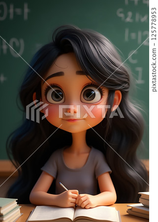 Young girl with long hair studies in classroom, focused on her schoolwork while surrounded by books and learning materials 125778953