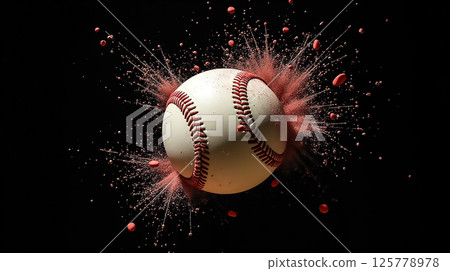 Baseball bursting with colorful powder in a dynamic explosion captured mid-air display Baseball bursting with colorful powder in a dynamic explosion captured mid-air display 125778978