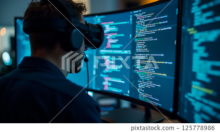 Virtual reality developer engaged in coding in a dimly lit office with multiple screens displaying complex programming Virtual reality developer engaged in coding in a dimly lit office with multiple screens displaying complex programming 125778986
