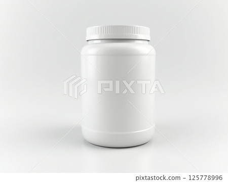 White plastic jar with a lid on a plain background used for storage or packaging 125778996