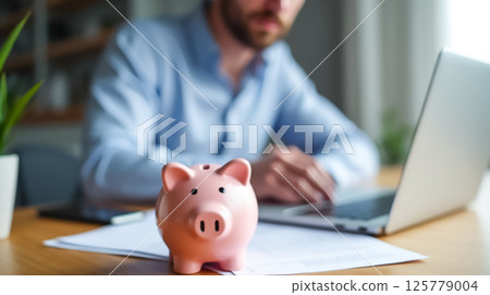 Man working at a desk with a piggy bank and laptop in a bright office space during daytime Man working at a desk with a piggy bank and laptop in a bright office space during daytime 125779004