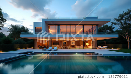 Modern villa with an inviting pool during twilight in a tranquil setting 125779011