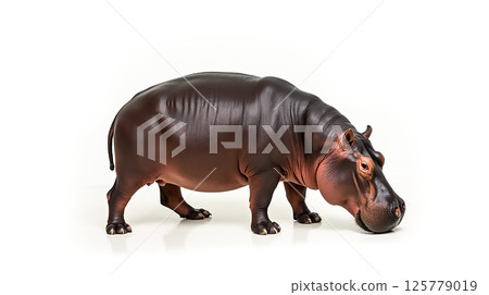 Hippo stands on a white background showcasing its large body and distinct features 125779019
