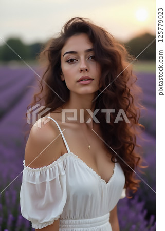 Woman in white dress poses gracefully among blooming lavender fields at sunset in summer Woman in white dress poses gracefully among blooming lavender fields at sunset in summer 125779023