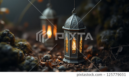 Vintage lanterns illuminate a serene woodland setting at dusk, creating a magical and calming atmosphere for evening strolls 125779031