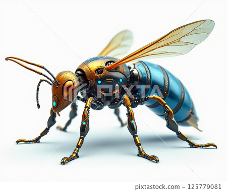 Futuristic robotic bee with metallic features and intricate design on a white background 125779081
