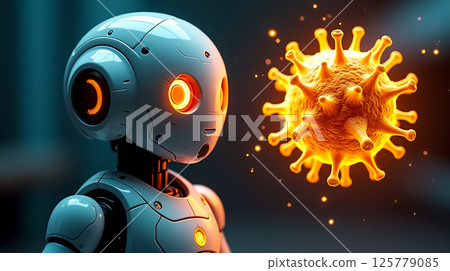 Robot interacts with glowing virus in futuristic lab setting during night Robot interacts with glowing virus in futuristic lab setting during night 125779085