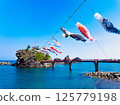糸魚川市能生的弁天岩、蔚藍的大海、天空飄揚的鯉魚旗 |五月的鳥瞰圖 125779198