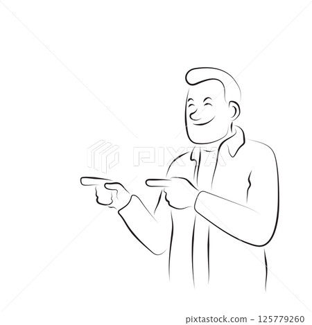 man pointing blank space illustration vector hand drawn with black lines isolated on white background. man pointing blank space illustration vector hand drawn with black lines isolated on white background. 125779260