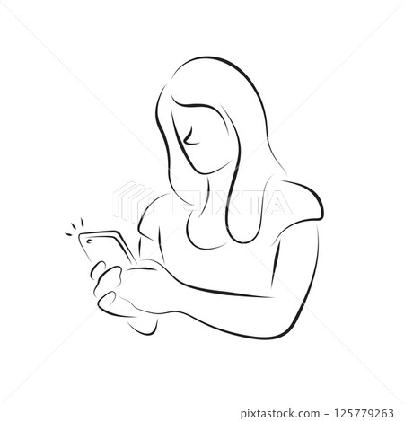 half length of woman using her cellphone illustration vector hand drawn with black lines isolated on white background. half length of woman using her cellphone illustration vector hand drawn with black lines isolated on white background. 125779263
