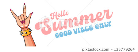 Hello Summer Rock On Vector Female Hand with Devil Horns, Spiked Bracelet and Pink Nails on blue Background with Good Vibes Only Text, Cheerful Summer Design Hello Summer Rock On Vector Female Hand with Devil Horns, Spiked Bracelet and Pink Nails on blue Background with Good Vibes Only Text, Cheerful Summer Design 125779264