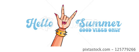 Hello Summer Rock On Vector Female Hand with Devil Horns, Spiked Bracelet and Pink Nails on blue Background with Good Vibes Only Text, Cheerful Summer Design 125779266