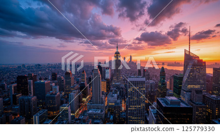 Sunset over city skyline with glowing towers shining light and colorful sky viewed from above modern urban downtown 125779330