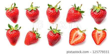Strawberries on white background, ripe red color, fresh and organic, whole and sliced, detailed texture, green stems 125779331
