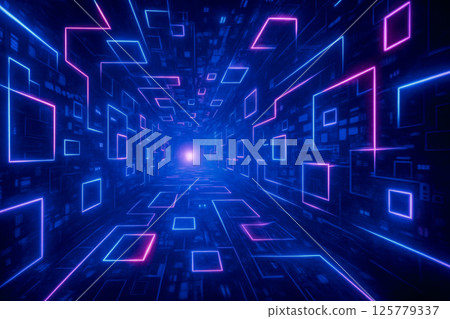 Futuristic glowing neon corridor with blue and pink square lines forming digital tunnel perspective concept of data network cyberspace background 125779337