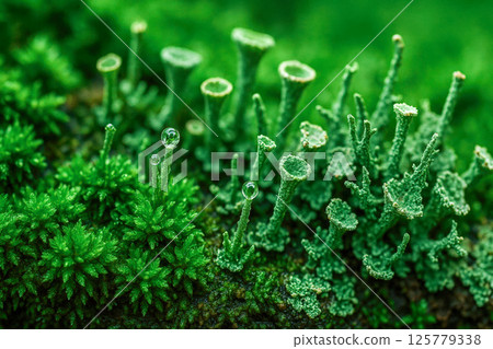 Forest floor macro of moss cushions with trumpet lichen cups holding crystal dew spheres evokes peaceful miniature jungle world 125779338