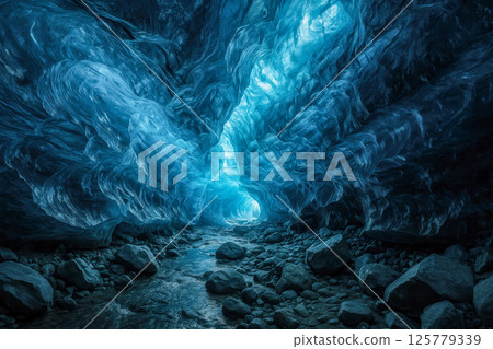 blue ice cave ceiling glowing with arctic light above rocky glacial river adventure landscape inspires climate exploration travel concept 125779339