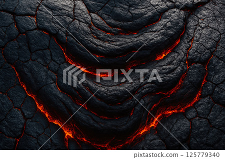 dark cracked volcanic rock background illuminated by glowing molten lava flowing through jagged fissures under subtle lighting texture 125779340