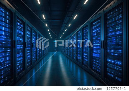 Modern blue illuminated data center corridor with rows of secure server racks cloud storage technology infrastructure futuristic interior Modern blue illuminated data center corridor with rows of secure server racks cloud storage technology infrastructure futuristic interior 125779341