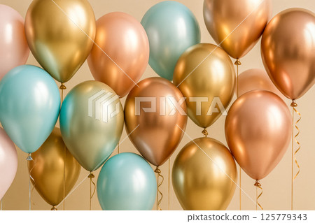 Gold bronze mint balloons packed tightly form luxurious cluster ideal for glamorous party decoration photo banner invitation or holiday greeting card 125779343