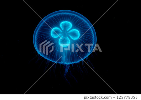 Glowing blue moon jellyfish swimming in dark ocean water showcasing bioluminescent pattern radial tentacles science marine life photo 125779353