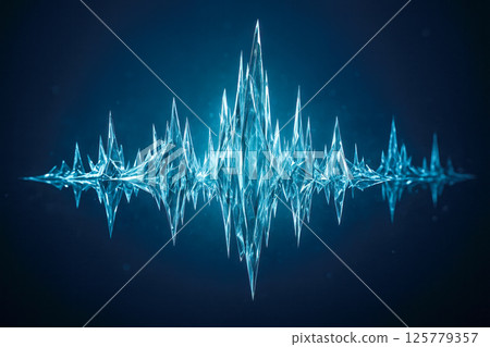 Sharp crystalline soundwave pattern made of transparent ice shards on dark blue background abstract audio technology visualization concept 125779357
