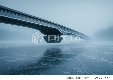 Advanced magnetic corridor soaring over icy surface mysterious mist horizon innovative engineering illustration futuristic hyperloop connection scene Advanced magnetic corridor soaring over icy surface mysterious mist horizon innovative engineering illustration futuristic hyperloop connection scene 125779358