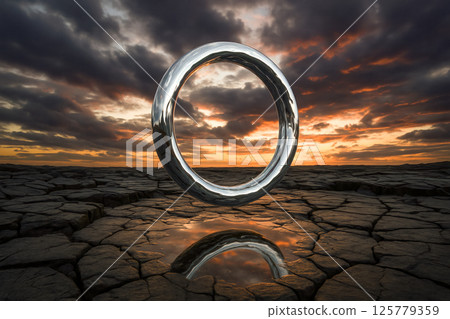 Shiny steel ring levitates above desert floor mirrored in puddle under colorful evening sky abstract cosmic symbolism illustration 125779359