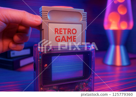 Retro cyberpunk workstation with vintage CRT computer green code screen dot matrix printer neon desk lamp floppy disks night mood 125779360