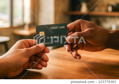 Hands exchanging modern credit card over wooden table in cafe, concept of cashless payment, secure transaction, personal finance, banking 125779361