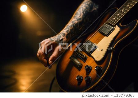 Ink-covered guitarist prepares vintage hollow-body electric for soulful evening gig illuminated by warm amber stage light and smoky ambience 125779363
