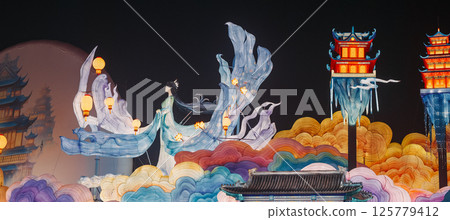 Beijing, China. Zigong Lantern Festival In Beijing. Amazing Lighting Composition Of Mythological Story About Moon Goddess Chang'e And Her Rabbits, Who Stole Elixir Of Immortality From Her Husband And 125779412
