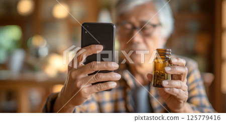 Asian senior hand holding pill bottle using mobile phone to take photo and searching prescription and information online on internet, online video call with doctor at home in cozy living room Asian senior hand holding pill bottle using mobile phone to take photo and searching prescription and information online on internet, online video call with doctor at home in cozy living room 125779416