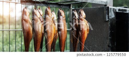 Fresh smoked rainbow trout fish hanging outdoors near smokehouse metal box. Traditional natural smoking process on wooden firewood chips. Homemade handmade hot smoke salmon 125779550