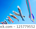 糸魚川市能生的弁天岩、蔚藍的大海、天空飄揚的鯉魚旗 |五月風景 125779552