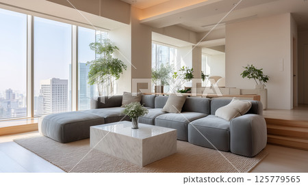 A luxurious living room in a high-rise apartment. A high-quality interior space with large windows, a sofa, and potted plants. 125779565