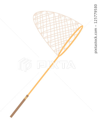 Fish net icon, isolated fishnet and fish scoop. Mesh tool used for catching. Device for safely transferring fish from one container to another or water. Vector cartoon illustration 125779580