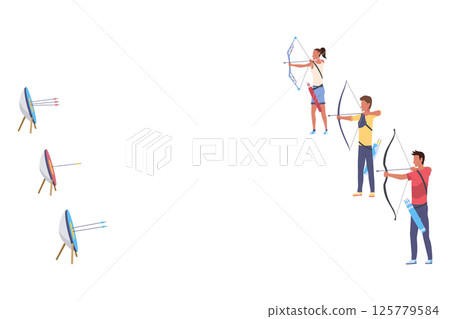 Archery practice or training. Successfully hitting the target. Male and female archers with bows and arrows aiming at targets. Vector artwork depicts success, achievement or accomplishment Archery practice or training. Successfully hitting the target. Male and female archers with bows and arrows aiming at targets. Vector artwork depicts success, achievement or accomplishment 125779584