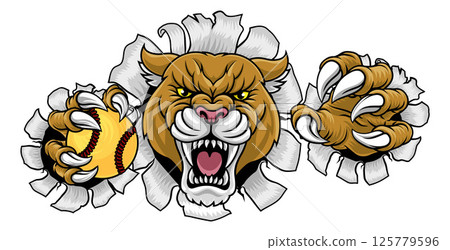 Cougar Panther Mountain Lion Puma Softball Mascot Cougar Panther Mountain Lion Puma Softball Mascot 125779596